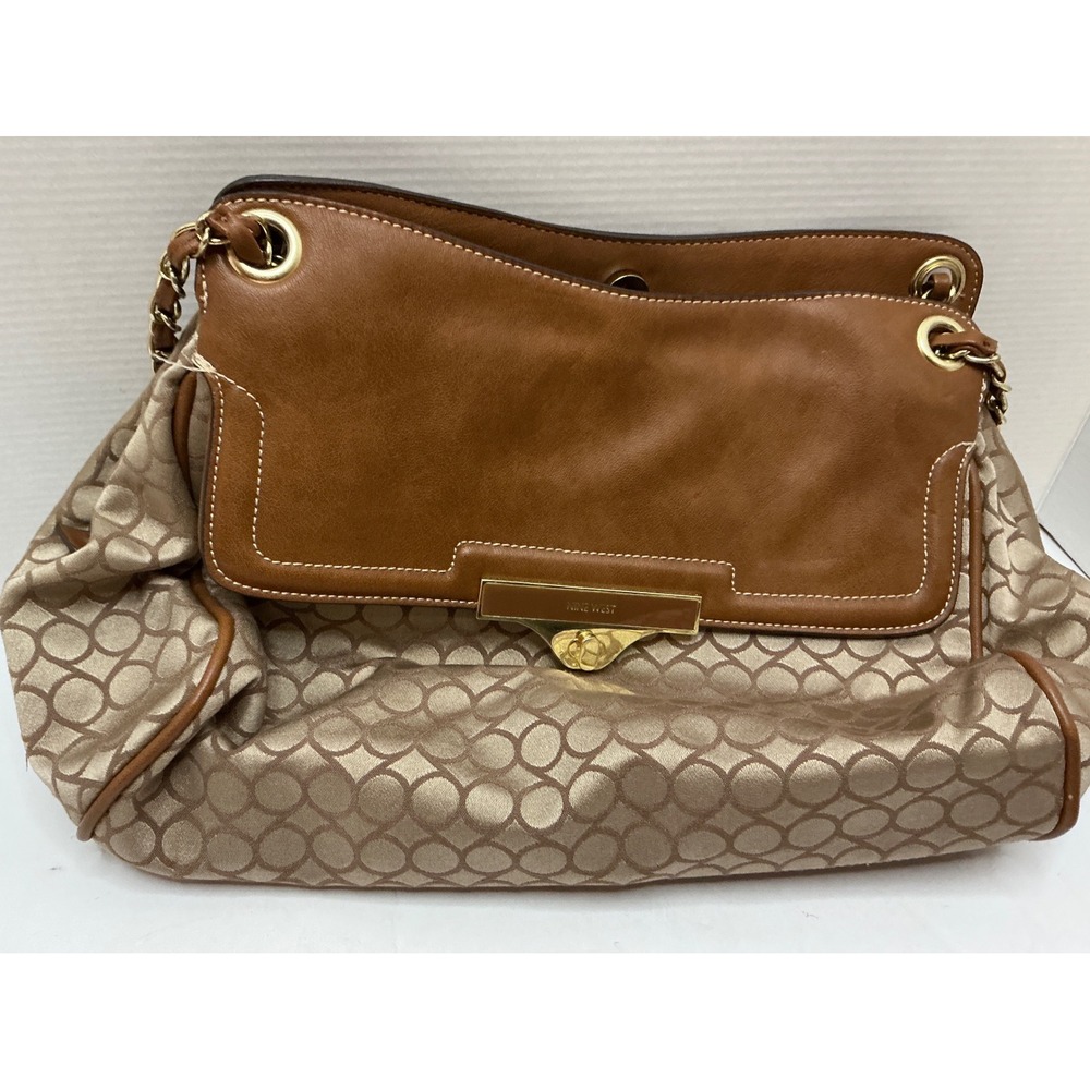 Nine West Shoulder Bag Tan Monogram Geometric Chain Strap Large‎ Satchel